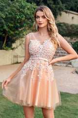 Elegant Silver Short A-line V-neck Tulle Lace Homecoming Dresses