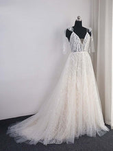 Shinny Long Deep V-Neck Backless Lace A-Line Wedding Dresses