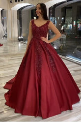 Gorgeous Long Burgundy V-neck Backless A-Line Appliques Beading Satin Ruffles Train Wedding Dress