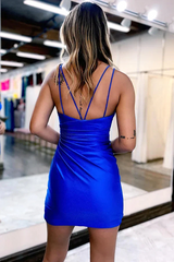 Short Red V Neck Spaghetti Straps Satin Mermaid Homecoming Dress