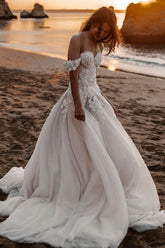 Beach Long Off the Shoulder Tulle Train A-Line Appliques Lace Wedding Dress
