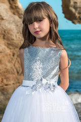 Long Scoop Neck Tulle Sleeveless Ball Gown Flower Girl Dress