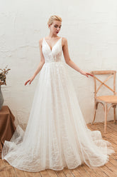 Classy A-Line Long V-neck Floor Length Lace Tulle Open Back Wedding Dress