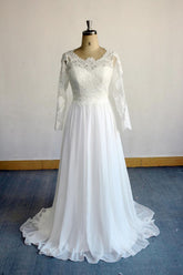 Long A-line Open Back Lace Chiffon Wedding Dress with Sleeves