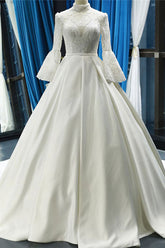 Elegant High Neck Long Sleeves Ball Gown Satin Wedding Dresses