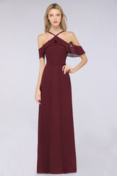 A-line Chiffon Spaghetti Straps Sleeveless Ruffles Floor Length Bridesmaid Dress with Bow Sash