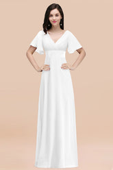 Simple A-Line Chiffon V-Neck Short Sleeves Ruffles Floor Length Bridesmaid Dresses