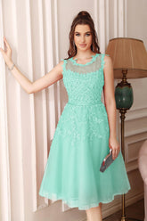 Short A-line Sleeveless Crew Neck Tulle Lace Formal Dress