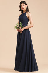 Long A-line Halter Chiffon Dark Navy Wedding Guest Dresses