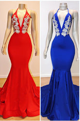 Long V-Neck Halter Mermaid Appliques Lace Prom Dresses