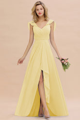 Simple High Low A-line V-Neck Ruffles Chiffon Daffodil Bridesmaid Dress