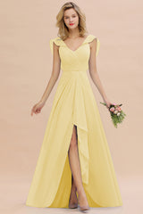 Simple High Low A-line V-Neck Ruffles Chiffon Daffodil Bridesmaid Dress