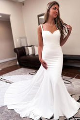 Simple Mermaid Sweetheart Satin Backless Long Wedding Dress with Court Train
