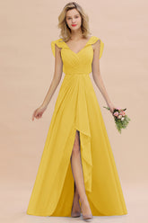 Simple High Low A-line V-Neck Ruffles Chiffon Yellow Bridesmaid Dress