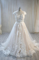 Elegant Plus Size Long A-Line Bateau Backless Appliques Lace Tulle Floor Length Wedding Dress