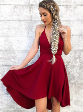 Newest Burgundy Short V-neck Spaghetti Strap Satin A-line Homecoming Dress
