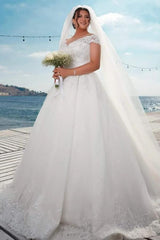 Plus Size Long A-line Off the Shoulder Tulle Lace Wedding Dress with Cap Sleeves