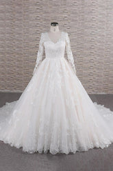 Elegant Plue Size V-neck A-line Tulle Lace Appliques Wedding Dress with Sleeves