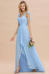 Simple High Low A-line V-Neck Ruffles Chiffon Bridesmaid Dress