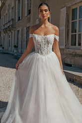 Long A Line Off The Shoulder Open Back Tulle Wedding Dress with Appliques Lace