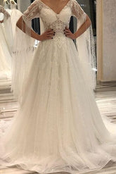 Elegant Long A-Line V-neck Short Sleeve Backless Appliques Lace Floor Length Wedding Dress