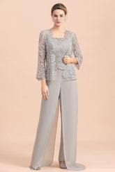 Chic Silver Lace Chiffon Long Sleeves Mother of Bride Jumpsuit With Wrap