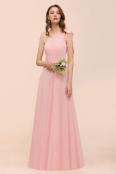 Pink One Shoulder A-Line Soft Chiffon Floor Length Bridesmaid Dress With Bowknot
