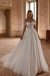 White Long Open Back Off The Shoulder A Line Tulle Floor Length Wedding Dress with Beads