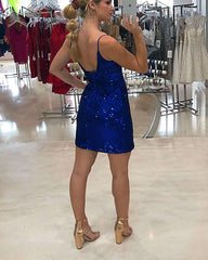 Sparkle V-Neck Mermaid Royal Blue Short Sequin Party Dress