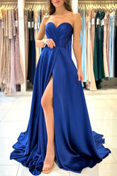 Elegant Long A-line Sweetheart Satin Formal Prom Dresses with Slit