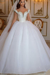 Glamorous Long Off the Shoulder Beading Tulle Ball Gown Wedding Dress