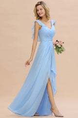 Simple High Low A-line V-Neck Ruffles Chiffon Bridesmaid Dress