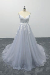 Long Applique Tulle Spaghetti Strap A-line Backless Wedding Dress