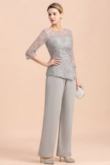 Elegant 3/4 Sleeves Lace Chiffon Jewl Mother of Bride Jumpsuit