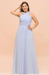 Plus Size Long A-line Halter Lavender Chiffon Bridesmaid Dress with Ruffle