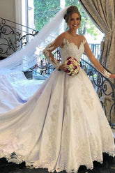 Gorgeous A-line Sweetheart Satin Tulle Lace Long Wedding Dress with Sleeves