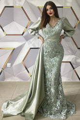 Long Sleeves Mermaid V-neck Lace Satin Formal Evening Dress with Half Train