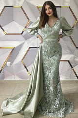 Long Sleeves Mermaid V-neck Lace Satin Formal Evening Dress with Half Train