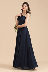 Long A-line Chiffon One Shoulder Dark Navy Wedding Party Dresses