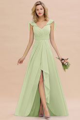 Simple High Low A-line V-Neck Ruffles Chiffon Sage Bridesmaid Dress