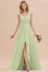 Simple High Low A-line V-Neck Ruffles Chiffon Sage Bridesmaid Dress