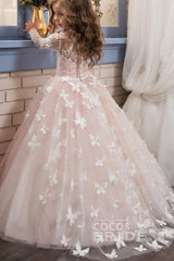 White Scoop Neck Long Sleeves Ball Gown Tulle Lace Flower Girl Dress