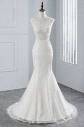 Glamorous Long Mermaid Jewel Tulle Sleeveless Wedding Dress with Appliques Lace