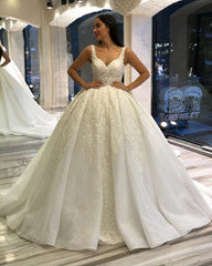 Classy Long Sweetheart Spaghetti Straps Backless Appliques Lace Sequins Ball Gown Wedding Dress