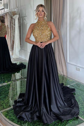 Long Balck Halter Sleeveless A-Line Satin Sequined Prom Dress