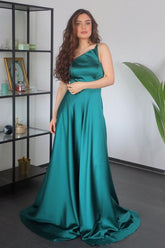 Simple A-line One Shoulder Satin Floor Length Prom Dress With Ruffles