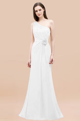 Mermaid Chiffon One Shoulder Sleeveless Ruffled Floor Length Bridesmaid Dresses with Flower