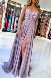 Long A-Line Sweetheart Floral Lace Chiffon Backless Prom Dress With Slit