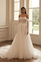 Glitter Long A-line Off the Shoulder Wedding Dresses with Sleeves