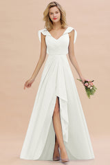 Simple High Low A-line V-Neck Ruffles Chiffon Ivory Bridesmaid Dress